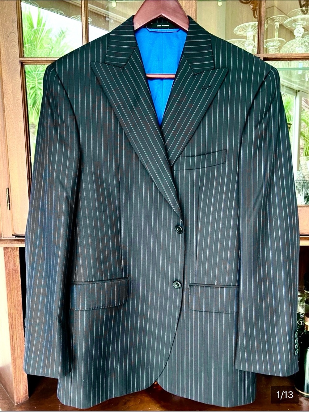100% Wool Peaked Lapel Dark Navy , With White&Blue Pinstripe Men's Blazer